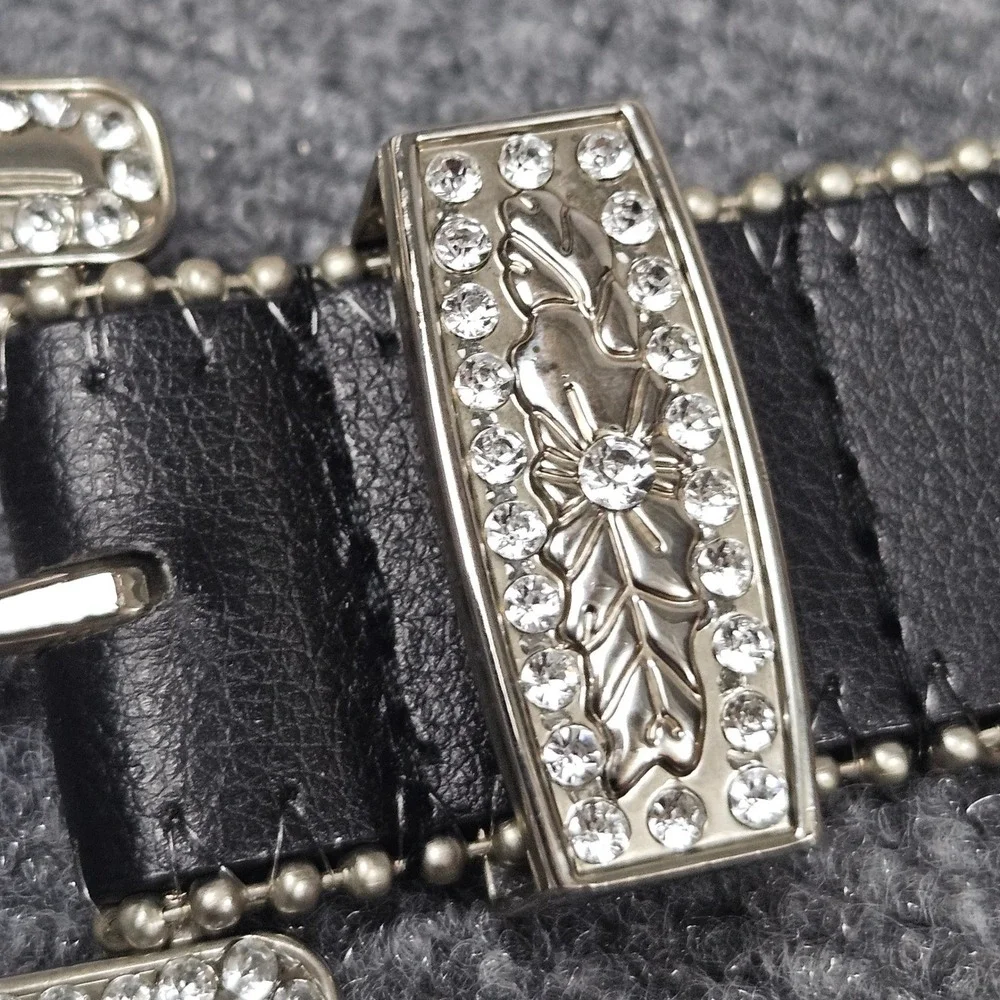Western Rhinestone Buckle Belt Black Silver 2XL Y2K Bling Rodeo Statement Cowboy